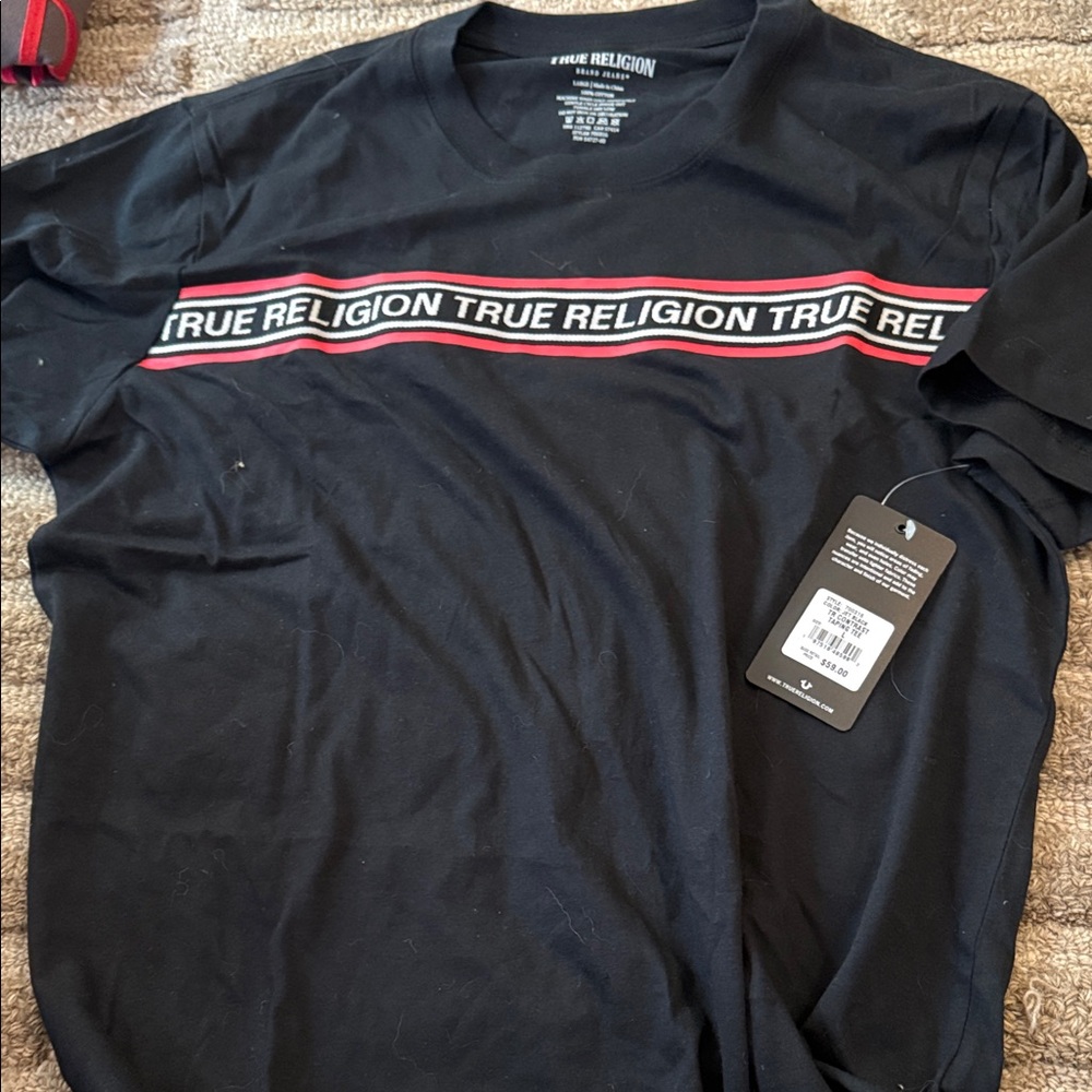 NWT Men’s True Religion Black Tee with Red and White Stripe